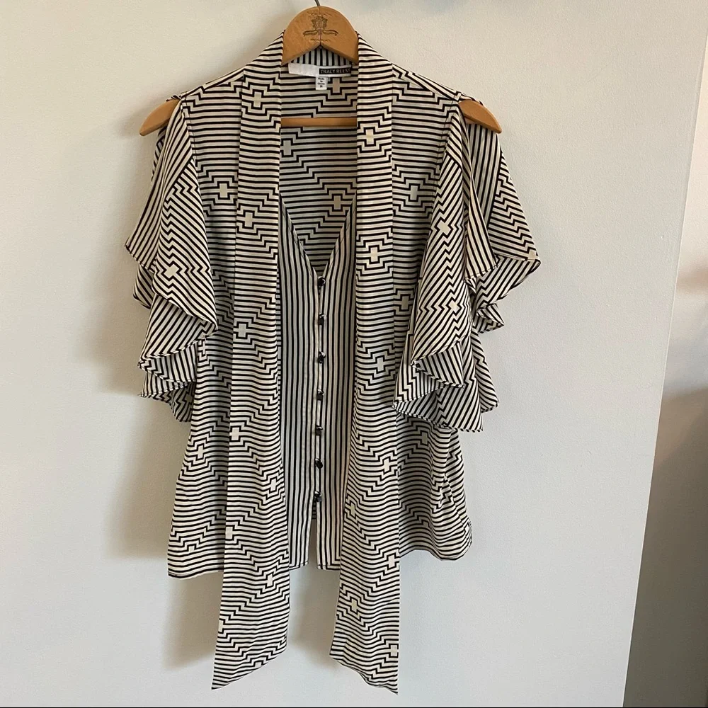 Tracy Reese Silk Tie Neck Flounced Diamond Top M - Picture 3 of 11